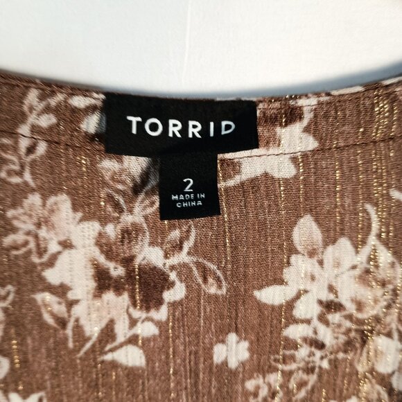 Torrid Lace Inset Boho Tunic Top 2X 18/20 Brown Floral V-Neck Long Sleeve - Picture 5 of 8